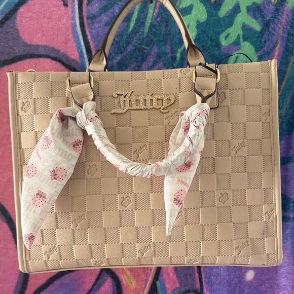 Juicy Couture Handbags - Juicy Couture Beige Checkered Tote with Scarf